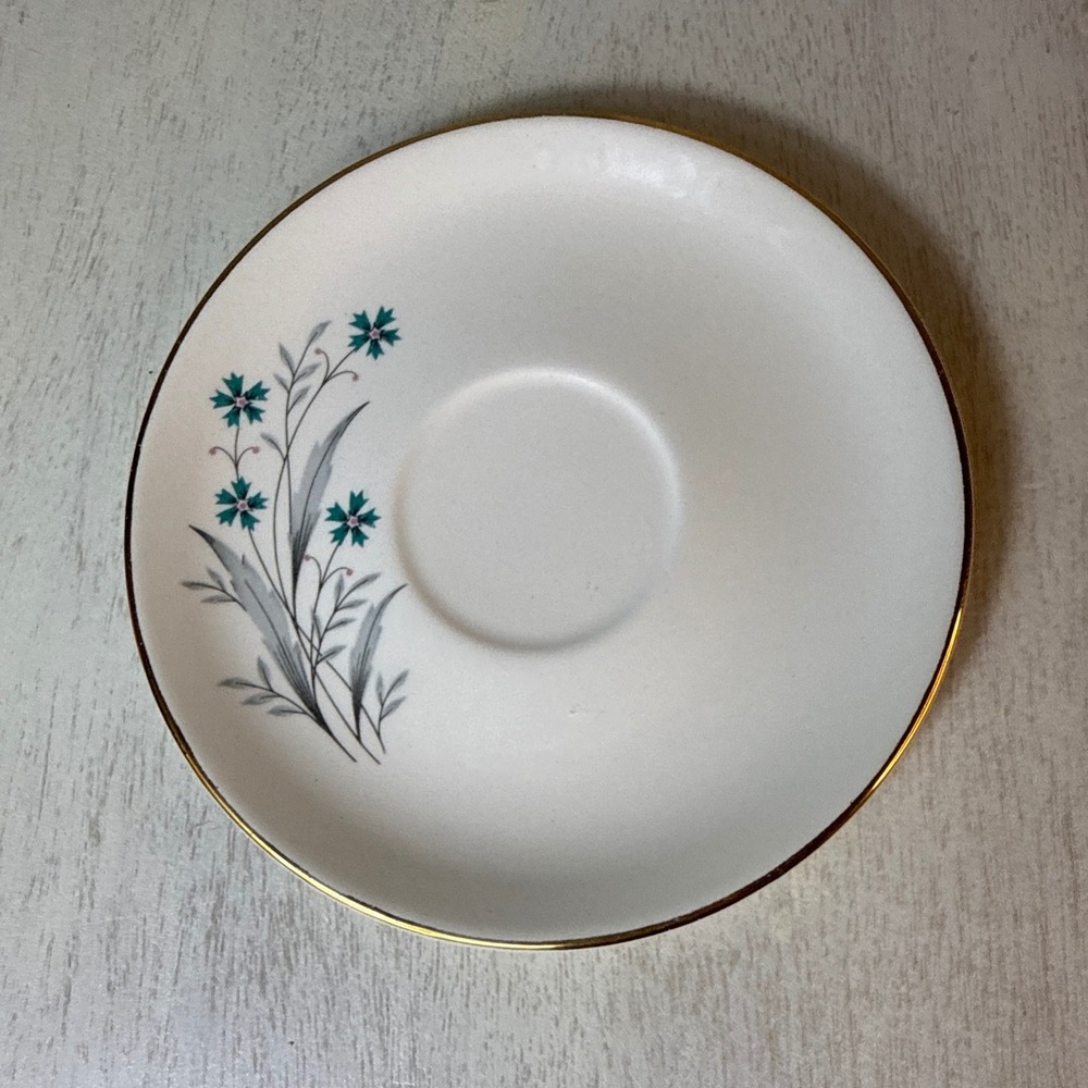 Vintage Teal Blue Floral White Ceramic Saucer‎ Gold Rim Unmarked Replacement